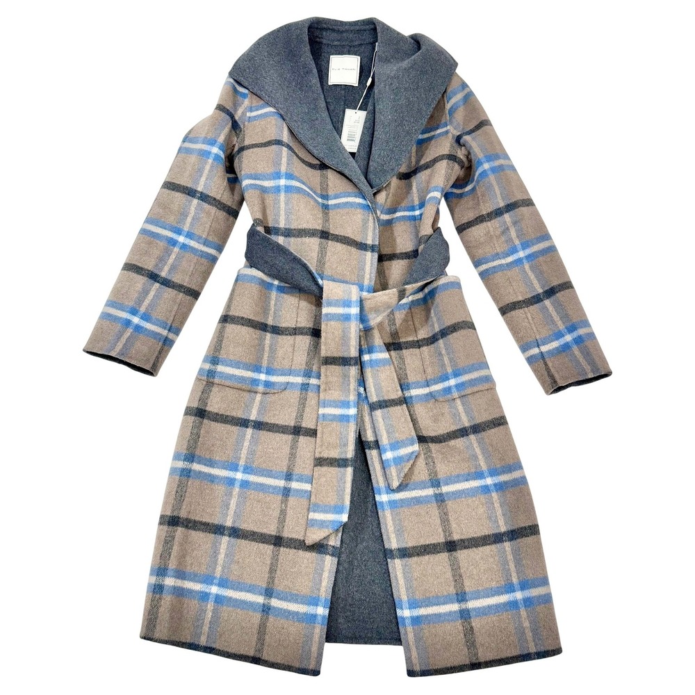 NWT Elie Tahari Wallace Plaid Belted Heritage Wrap Coat Cathedral Mirage Blue S